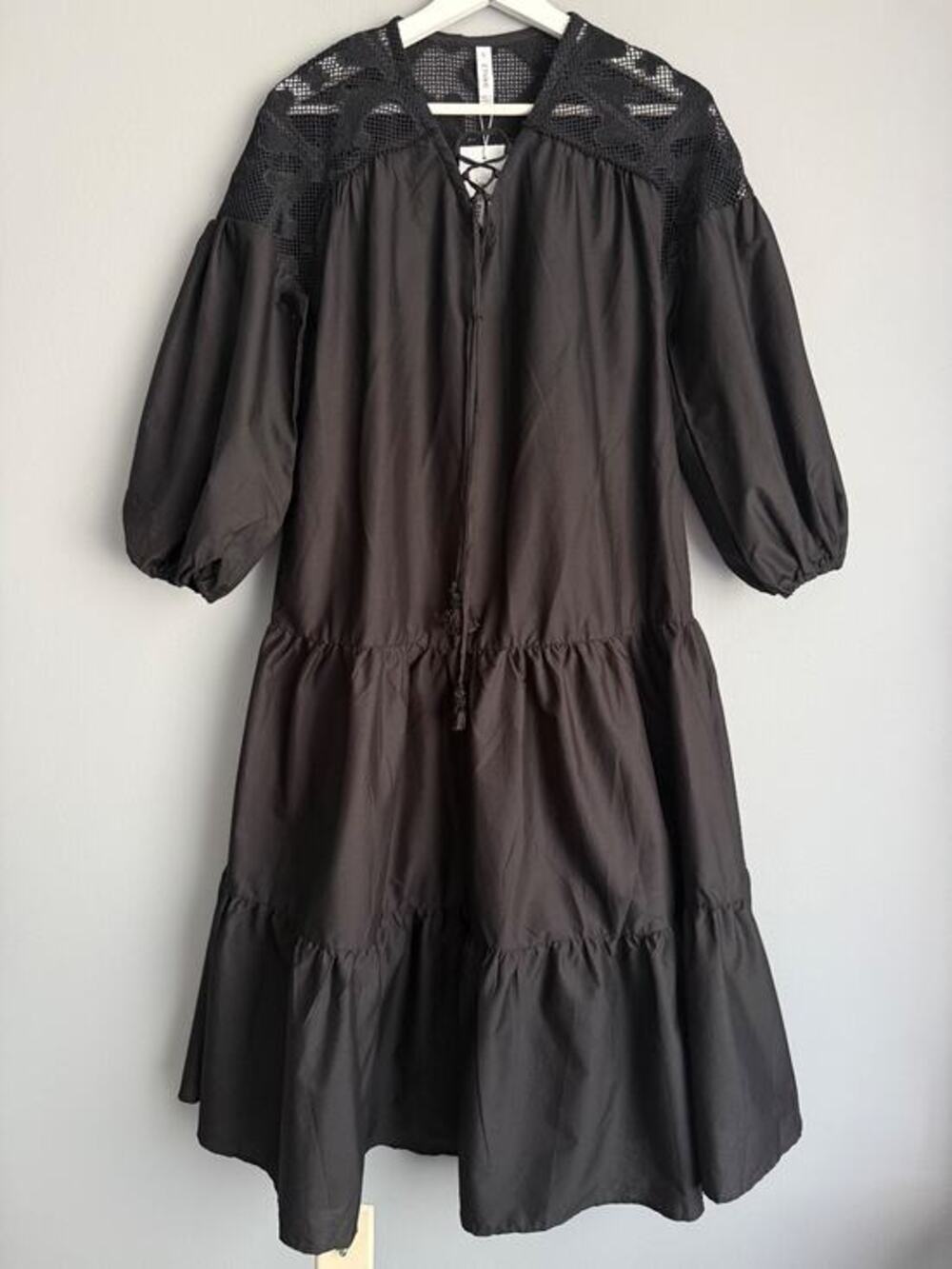 NWT ETHNC Women's S Black Crochet Boho Folk Peasant Tiered Midi Dress Tassel